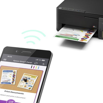 "Epson EcoTank L3350 Wi-Fi Multi-Function Colour Ink Tank Printer with print, scan, and copy functions in black."