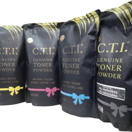 Four Copier World Cti TK2040/1800 toner bags in black, magenta, cyan, and yellow are lined up with color-coded labels and gold-silver packaging accents—ideal Xerox accessories.