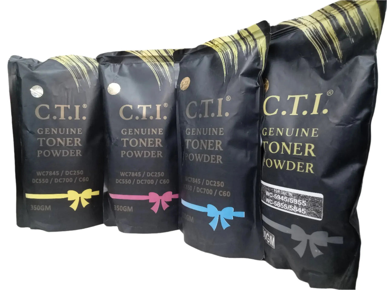 Four Copier World Cti TK2040/1800 toner bags in black, magenta, cyan, and yellow are lined up with color-coded labels and gold-silver packaging accents—ideal Xerox accessories.