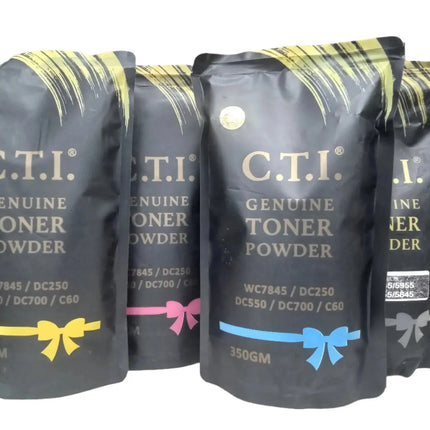 Four black Cti TK2040/1800 pouches from Copier World, each with a colored bow, are compatible with WC7845, DC250, DC550, DC700, and C60 printers. Two 350GM bags make great xerox machine accessories and photocopier spare parts.