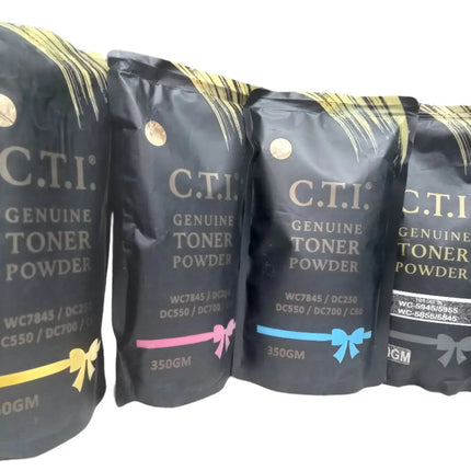 Four “Copier World” Cti TK2040/1800 toner pouches with colored accents (cyan, magenta, yellow, black), each 350g—ideal for use in printer cartridges or as xerox machine accessories.