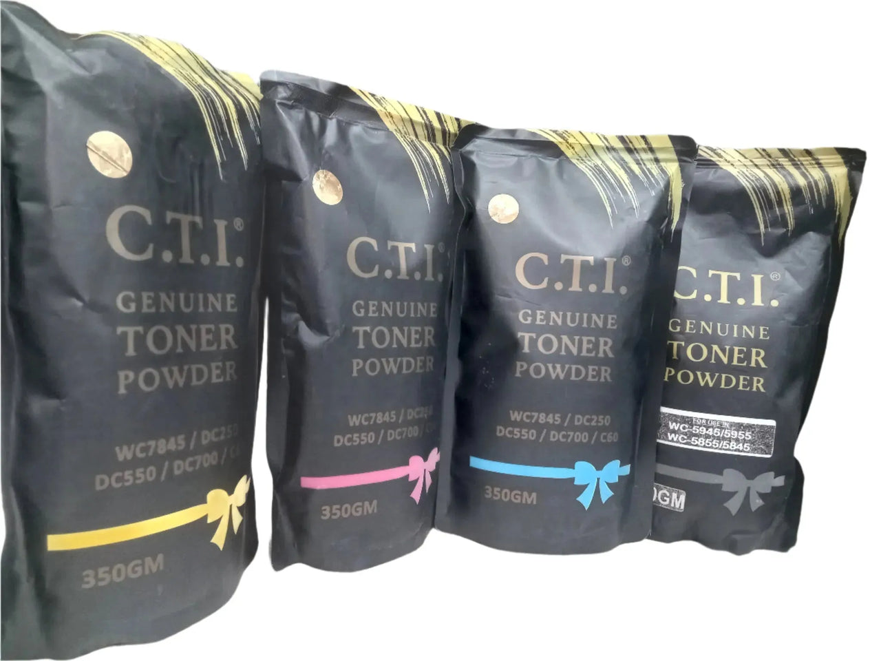 Four “Copier World” Cti TK2040/1800 toner pouches with colored accents (cyan, magenta, yellow, black), each 350g—ideal for use in printer cartridges or as xerox machine accessories.