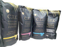 Four “Copier World” Cti TK2040/1800 toner pouches with colored accents (cyan, magenta, yellow, black), each 350g—ideal for use in printer cartridges or as xerox machine accessories.