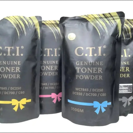 Four black Cti TK2040/1800 pouches from Copier World, each with a colored bow, are compatible with WC7845, DC250, DC550, DC700, and C60 printers. Two 350GM bags make great xerox machine accessories and photocopier spare parts.