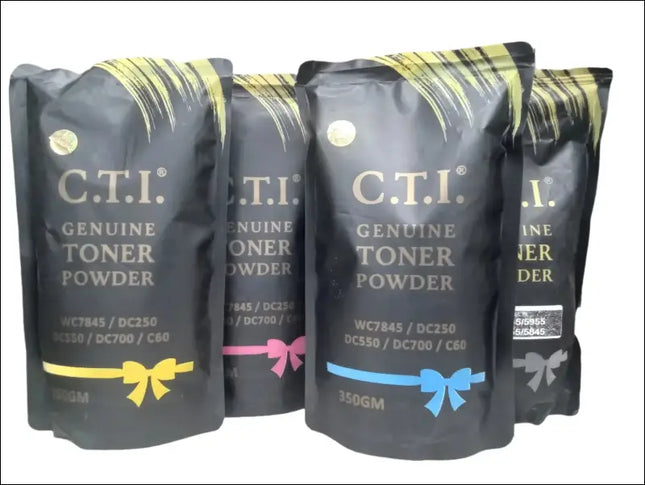 Four black Cti TK2040/1800 pouches from Copier World, each with a colored bow, are compatible with WC7845, DC250, DC550, DC700, and C60 printers. Two 350GM bags make great xerox machine accessories and photocopier spare parts.