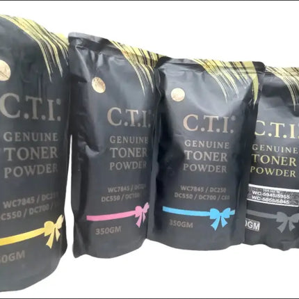 Four “Copier World” Cti TK2040/1800 toner pouches with colored accents (cyan, magenta, yellow, black), each 350g—ideal for use in printer cartridges or as xerox machine accessories.