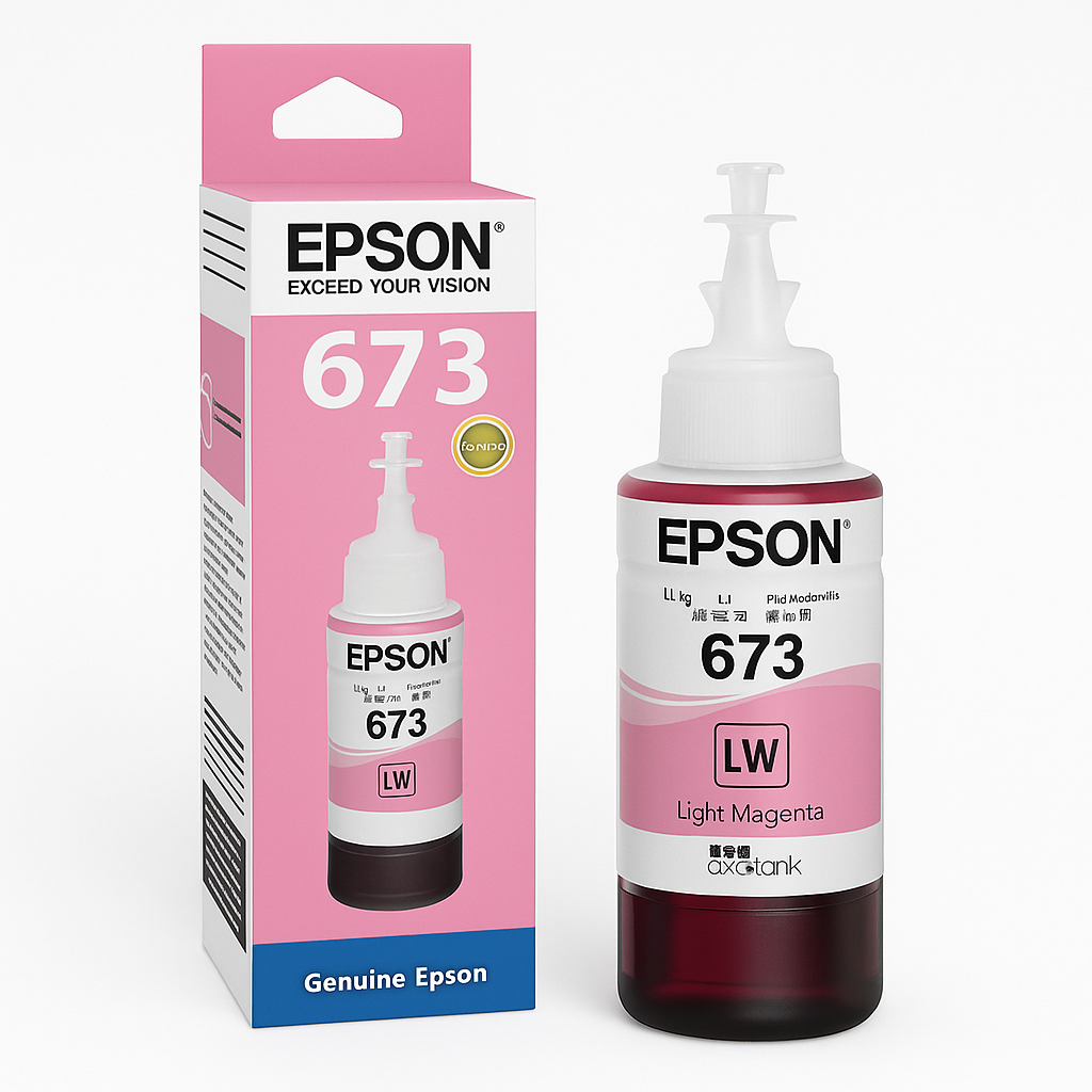 Epson 673 Light Magenta Ink Bottle for use with EcoTank printers, featuring easy refill nozzle