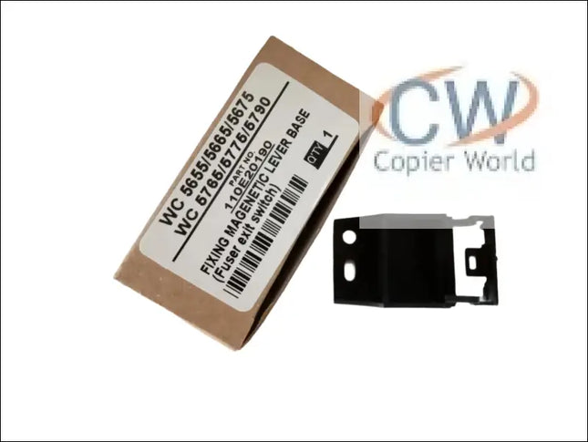 A cardboard box labeled Fixing Magnetic Lever Base for Xerox wc 5655/5665/5675/5765/5775/5790 (Fuser exit switch) by Copier World sits next to a small black Xerox printer bracket. Quantity: 2.