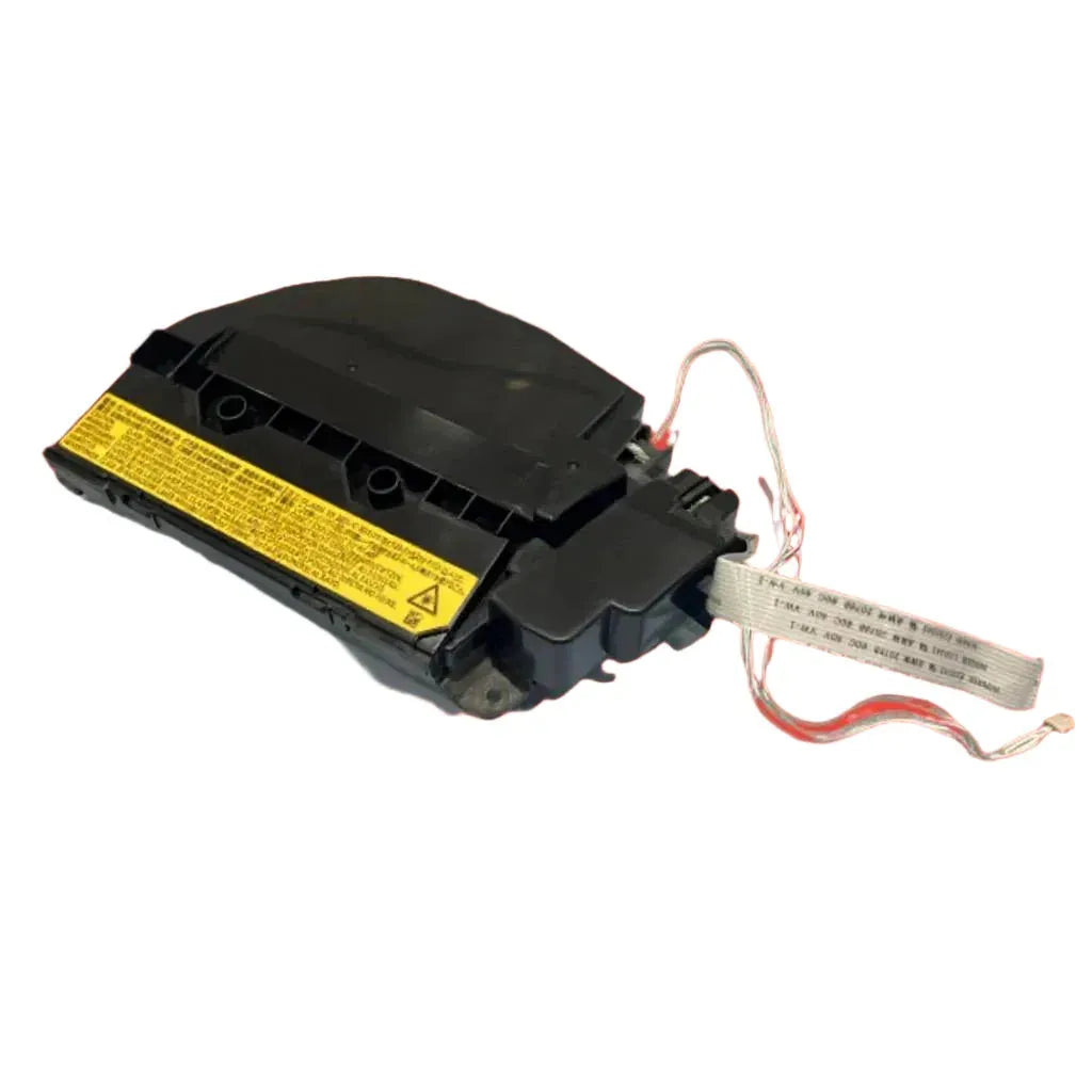 Copier World kyocera 2040 laser unit re-condition in black, features a yellow warning label and connects via a flat white ribbon cable with red and silver wires; ideal for printer maintenance, shown isolated on white.