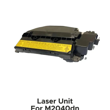 A re-conditioned Kyocera 2040 laser unit from Copier World, shown in black with a yellow warning label on a white background. Laser Unit For M2040dn appears beneath the image.