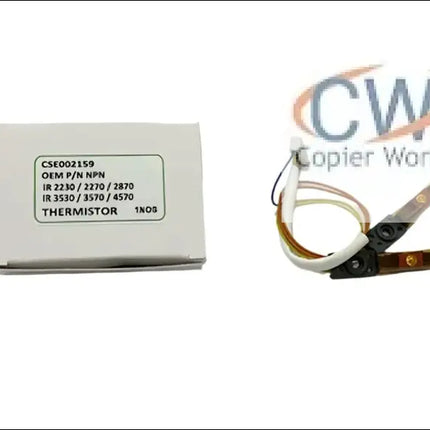 A white box labeled “CSE002159 OEM P/N NPN” sits beside a coiled Copier World Thermistor for Canon IR 2230, 2270, 2830, 2870, 3025, 3030, 3530, 3570, and 4570 models with connectors for temperature sensing.