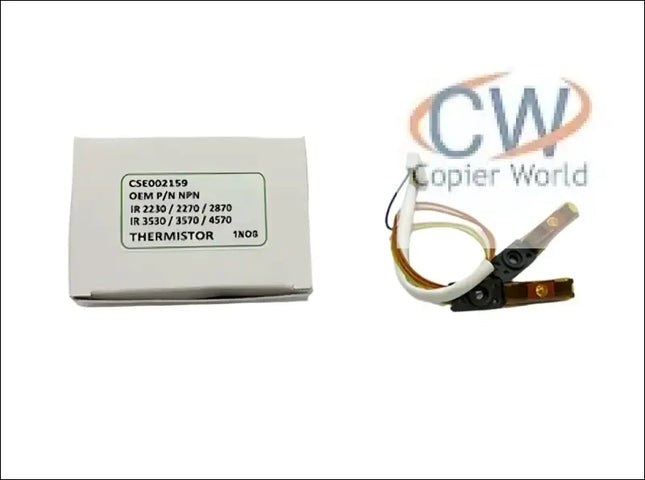 A white box labeled “CSE002159 OEM P/N NPN” sits beside a coiled Copier World Thermistor for Canon IR 2230, 2270, 2830, 2870, 3025, 3030, 3530, 3570, and 4570 models with connectors for temperature sensing.