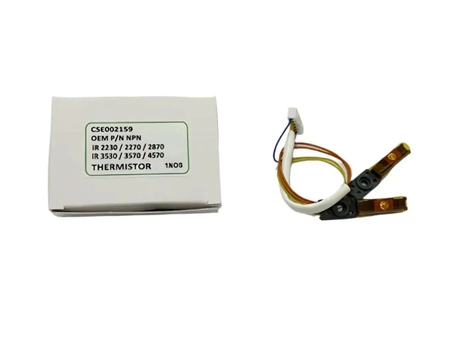 A white box labeled “CSE002159 OEM P/N NPN” sits beside a coiled Copier World Thermistor for Canon IR 2230, 2270, 2830, 2870, 3025, 3030, 3530, 3570, and 4570 models with connectors for temperature sensing.