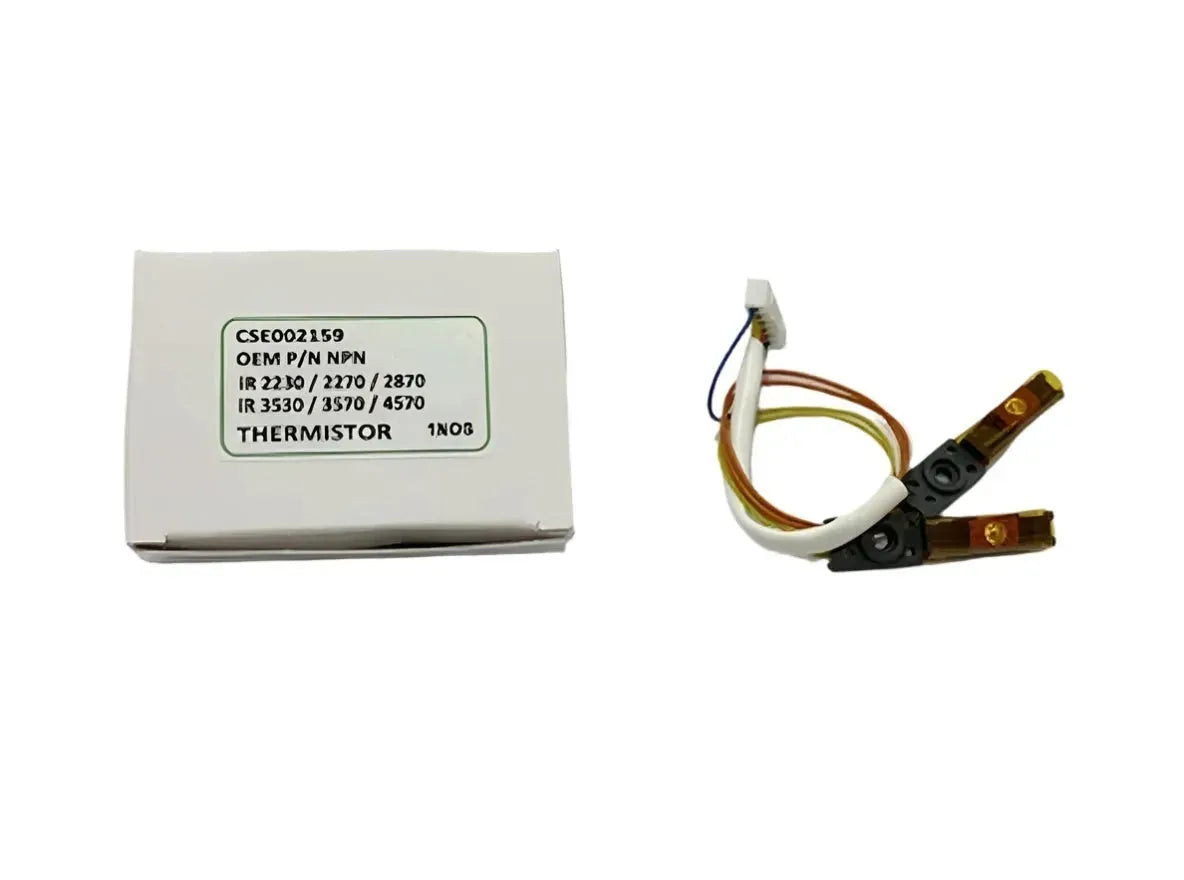 A white box labeled “CSE002159 OEM P/N NPN” sits beside a coiled Copier World Thermistor for Canon IR 2230, 2270, 2830, 2870, 3025, 3030, 3530, 3570, and 4570 models with connectors for temperature sensing.